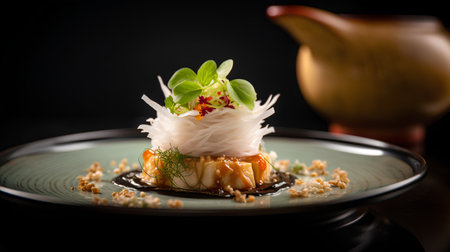 Japanese cuisine. Sushi roll with fish and vegetables on black backgroundの素材