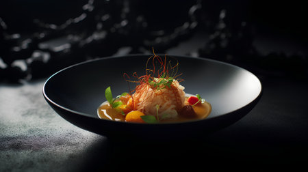 Fried fish with mango sauce on a black plate. Dark background.の素材