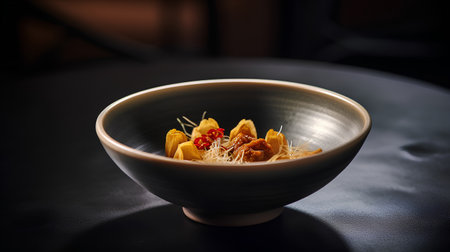 Tasty chinese noodles in a bowl on a black background.の素材