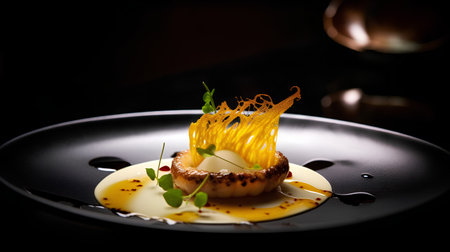 Tartlet with pear on a black plate. Dark background.の素材