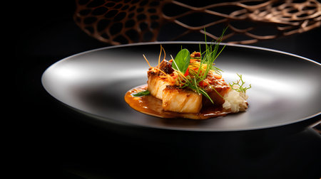 Delicious fish carpaccio with teriyaki sauce on black plateの素材