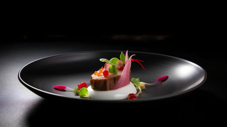 Salmon tartare served on a black plate. Toned.の素材