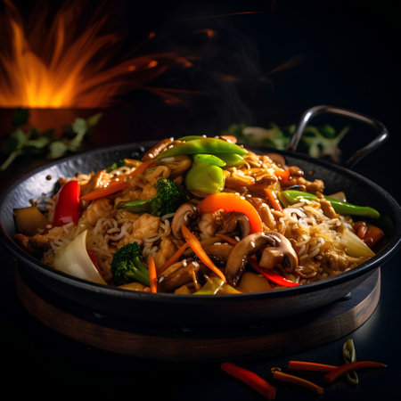 Stir fry noodles with chicken and vegetables on a black background.の素材