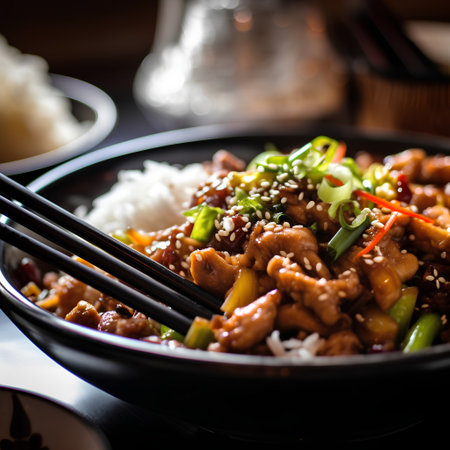 Asian style hot and spicy stir-fried pork with vegetables and riceの素材