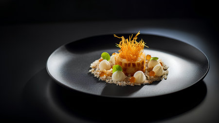 creative food concept with appetizer on black plate over black backgroundの素材