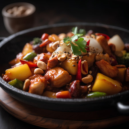 Stir-fried sweet and sour pork with vegetables in a panの素材