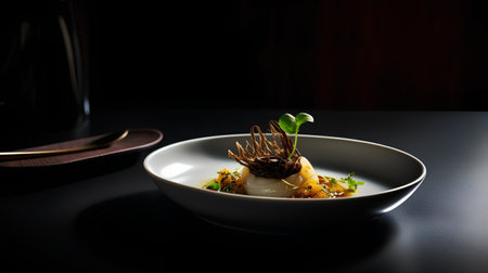 Gourmet gourmet restaurant dish on a dark background with copy spaceの素材