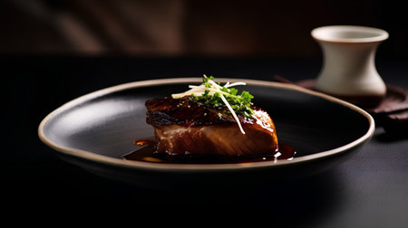 Japanese cuisine. Steak with soy sauce in a plate on a dark background.の素材