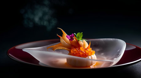 Seafood sashimi with salmon roe on black backgroundの素材