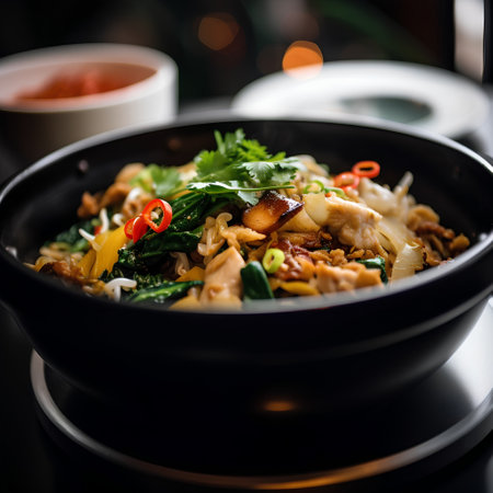 Rice noodles with chicken and vegetables in black bowl on black backgroundの素材
