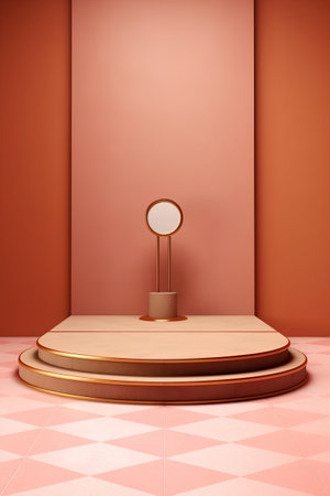 3d rendering of round podium in orange room with marble floor.の素材