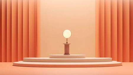 3d render of podium for product presentation in orange room with curtains.の素材