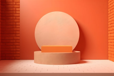 3d render of orange podium for product presentation in room with brick wallの素材