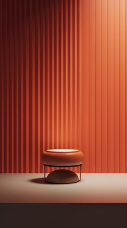 3d render of a red podium in a room with blindsの素材