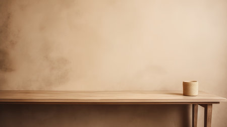 Empty top of wooden table with coffee cup on brown wall background. Mock up, 3D Renderingの素材