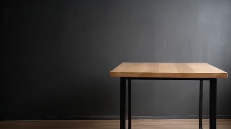 Wooden table in front of a blackboard with copyspaceの素材