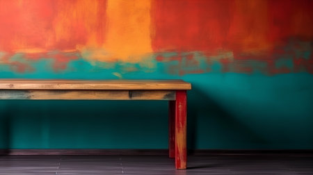 Old wooden table in front of a colorful wall, with copy spaceの素材