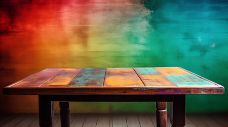 Empty wooden table over grunge wall background, product display montageの素材