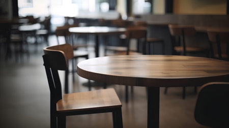 Empty wooden table and chairs in a cafe, shallow depth of fieldの素材