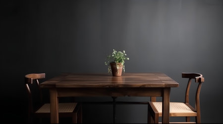 Wooden table and chairs with plant in vase on dark backgroundの素材