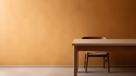 Wooden table and chair in front of orange wall. 3d renderingの素材