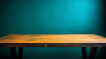 Empty wooden table over dark green background. Ready for product display montageの素材