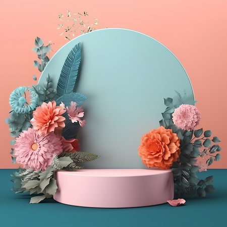 3d render, abstract minimal scene with geometrical forms, podiums and flowersの素材