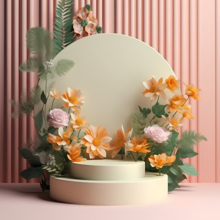 3d render of minimal product display podium with flowers and leafsの素材