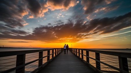 Man and woman standing on the wooden bridge over the sea at sunsetの素材