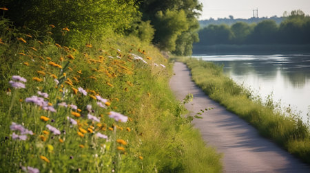 Path along the river in the morning. Beautiful summer landscape with flowersの素材