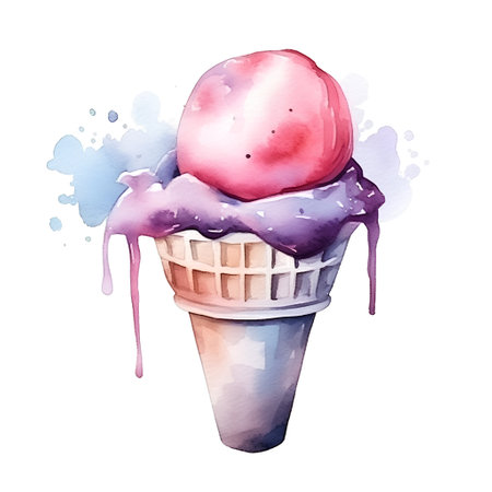 Watercolor ice cream in a waffle cup. Hand drawn illustrationの素材