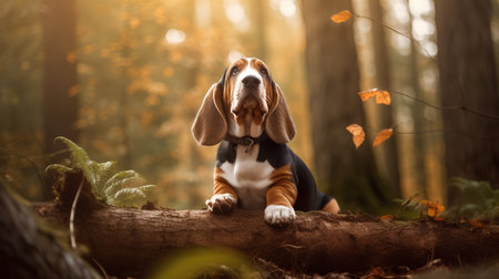 Portrait of beautiful beagle dog sitting on log in autumn forestの素材