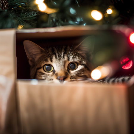Cute tabby cat peeking out of a box with a Christmas tree in the backgroundの素材