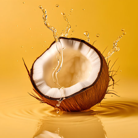 Coconut with water splash on yellow background. 3d renderingの素材