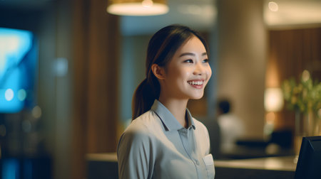 portrait of young asian businesswoman smiling and looking away in officeの素材