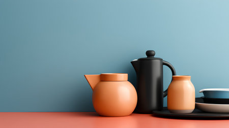 3d render of ceramic teapot and cup on table.の素材