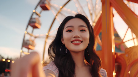 Beautiful asian woman taking selfie with ferris wheel in amusement parkの素材