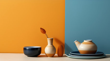 ceramic vases on blue and orange background, 3d renderの素材