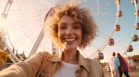 Portrait of happy young woman taking selfie with ferris wheel at amusement parkの素材