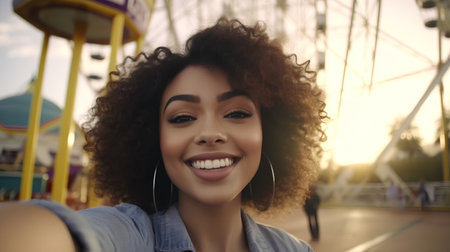 Beautiful african american woman taking selfie at amusement park.の素材