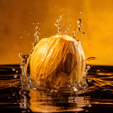Hazelnut falling into water with a splash on a yellow backgroundの素材
