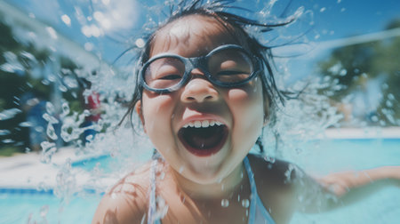 Happy asian little girl splashing water in swimming pool outdoor.の素材