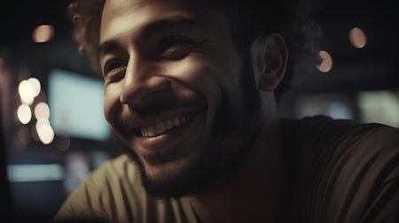 Portrait of a handsome young man smiling at the camera in a bar.の素材