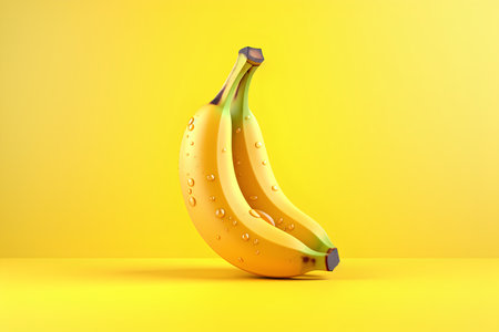 Banana with water drops isolated on yellow background. 3d illustrationの素材
