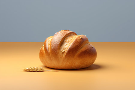 Freshly baked loaf of bread and wheat ears on the table. 3d renderingの素材