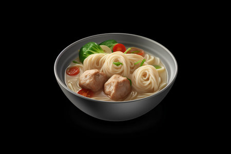 bowl of noodle soup with meatballs isolated on a black backgroundの素材