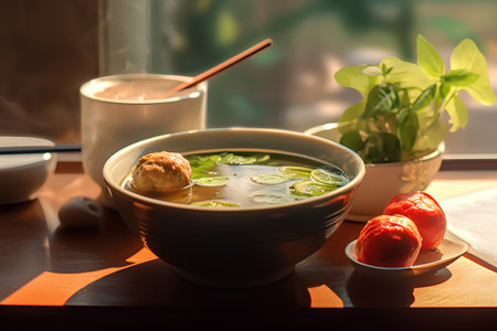 Bowl of hot soup with meatballs and kiwi.の素材