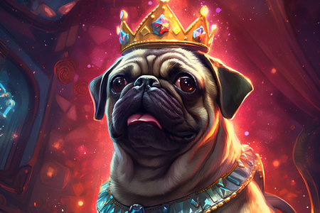 Cute pug dog in a golden crown on a background of a fantasy landscape.の素材