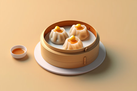 Chinese steamed dumplings in bamboo steamer, 3d renderingの素材