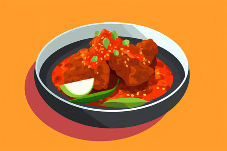 Spicy fried chicken in bowl. Vector illustration in flat style.の素材